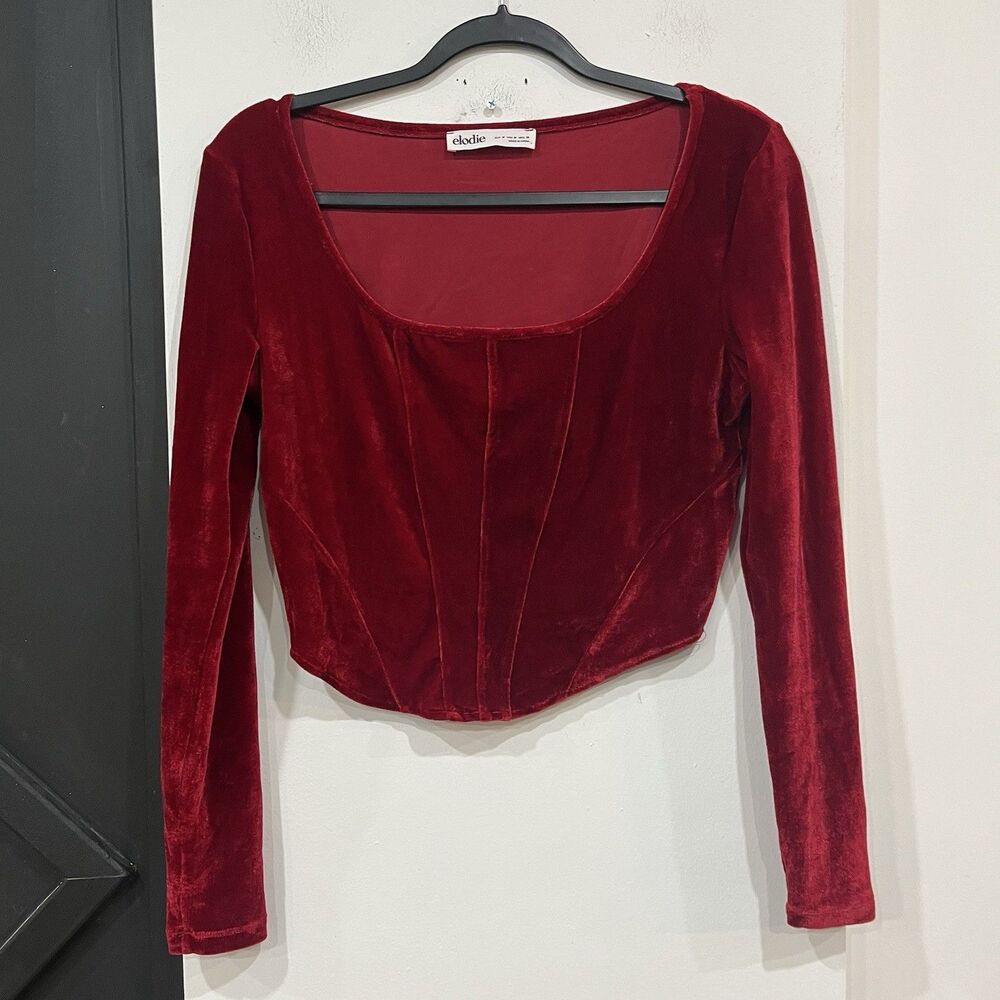 NWOT Elodie Red Velvet Corset Style Long Sleeve Crop Top Scoop Neck Medium